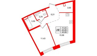 Квартира в ЖК ID Петроградская, 1 комнатная, 43.08 м², 2 этаж