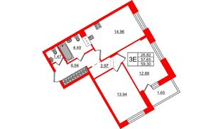 Квартира в ЖК «ВЕРЕН НОРТ Сертолово», 2 комнатная, 59.3 м², 9 этаж