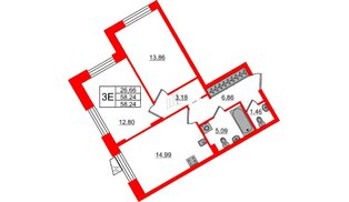 Квартира в ЖК VEREN NORT Сертолово, 2 комнатная, 58.24 м², 2 этаж