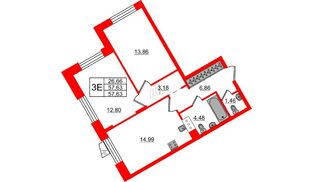 Квартира в ЖК VEREN NORT Сертолово, 2 комнатная, 57.63 м², 3 этаж