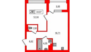 Квартира в ЖК «Башни Элемент», 1 комнатная, 44.87 м², 3 этаж