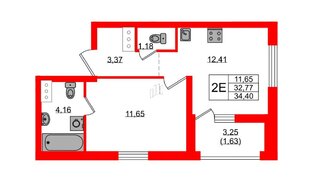 Квартира в ЖК UP-квартал Новый Московский, 1 комнатная, 34.4 м², 3 этаж
