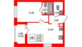 Квартира в ЖК UP-квартал Новый Московский, 1 комнатная, 34.4 м², 1 этаж