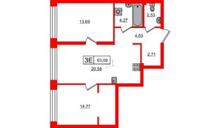 Квартира в ЖК Bashni Element , 2 комнатная, 63.08 м², 3 этаж