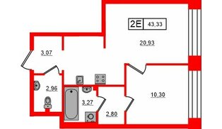 Квартира в ЖК «Башни Элемент», 1 комнатная, 43.33 м², 3 этаж