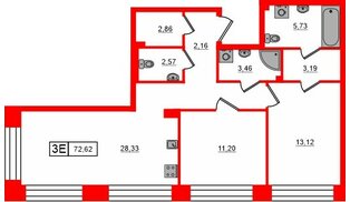 Квартира в ЖК «Башни Элемент», 2 комнатная, 72.62 м², 3 этаж