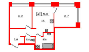 Квартира в ЖК Bashni Element , 2 комнатная, 48.38 м², 3 этаж
