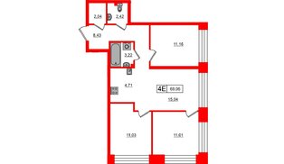 Квартира в ЖК «Башни Элемент», 3 комнатная, 69.06 м², 3 этаж