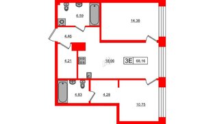 Квартира в ЖК «Башни Элемент», 2 комнатная, 68.16 м², 6 этаж