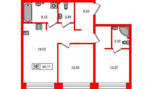 Квартира в ЖК Bashni Element , 2 комнатная, 65.17 м², 4 этаж