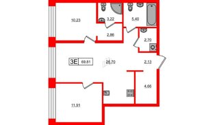 Квартира в ЖК «Башни Элемент», 2 комнатная, 69.81 м², 3 этаж