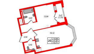 Квартира в ЖК Цивилизация на Неве, 1 комнатная, 43.71 м², 13 этаж