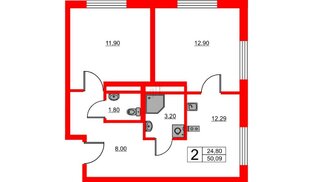 Апартаменты в ЖК Avenue Apart Pulkovo, 2 комнатные, 50.09 м², 10 этаж