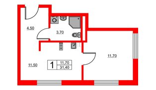 Апартаменты в ЖК «Авеню Апарт Пулково», 1 комнатные, 31.4 м², 3 этаж