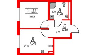 Апартаменты в ЖК «Авеню Апарт Пулково», 1 комнатные, 38.83 м², 15 этаж