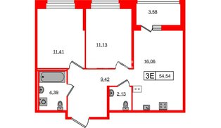 Квартира в ЖК «Ультра Сити 3.0», 2 комнатная, 54.54 м², 13 этаж