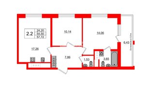 Квартира в ЖК «Город звёзд», 2 комнатная, 54.5 м², 12 этаж