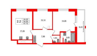Квартира в ЖК «Город звёзд», 2 комнатная, 54.5 м², 17 этаж