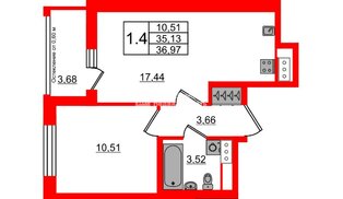 Квартира в ЖК «Город звёзд», 1 комнатная, 35.13 м², 16 этаж