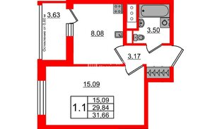 Квартира в ЖК «Город звёзд», 1 комнатная, 29.84 м², 14 этаж