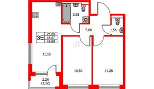 Квартира в ЖК GloraX Новоселье, 2 комнатная, 49.69 м², 8 этаж