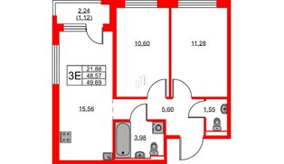 Квартира в ЖК GloraX Новоселье, 2 комнатная, 49.69 м², 4 этаж