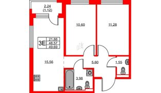 Квартира в ЖК GloraX Новоселье, 2 комнатная, 49.69 м², 6 этаж