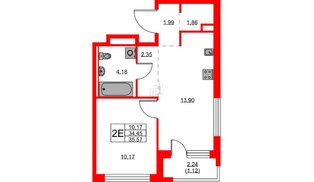 Квартира в ЖК GloraX Новоселье, 1 комнатная, 35.57 м², 6 этаж