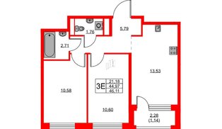 Квартира в ЖК «Новоселье», 2 комнатная, 46.11 м², 7 этаж