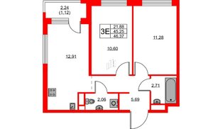 Квартира в ЖК GloraX Новоселье, 2 комнатная, 46.37 м², 2 этаж