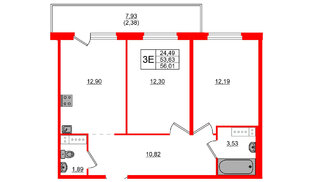 Квартира в ЖК «Дубровка. Park», 2 комнатная, 56.01 м², 3 этаж