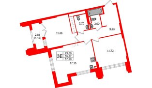 Квартира в ЖК Цивилизация на Неве, 2 комнатная, 57.29 м², 22 этаж
