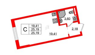 Квартира в ЖК Цивилизация на Неве, студия, 25.19 м², 2 этаж