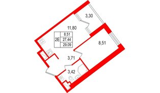 Квартира в ЖК «Нигилист», 1 комнатная, 27.44 м², 2 этаж