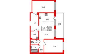 Квартира в ЖК «ЛесАрт», 2 комнатная, 62.61 м², 3 этаж