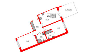 Квартира в ЖК «Пулково Lake», 2 комнатная, 59.4 м², 1 этаж