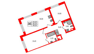 Квартира в ЖК «Пулково Lake», 2 комнатная, 56.2 м², 3 этаж