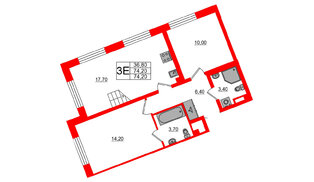 Квартира в ЖК «Пулково Lake», 2 комнатная, 74.2 м², 4 этаж