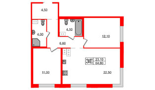 Квартира в ЖК Струны, 2 комнатная, 64.8 м², 20 этаж