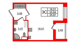 Квартира в ЖК Астра Континенталь, студия, 24.64 м², 9 этаж