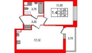 Квартира в ЖК Астра Континенталь, 1 комнатная, 35.51 м², 3 этаж
