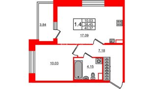 Квартира в ЖК Астра Континенталь, 1 комнатная, 38.45 м², 2 этаж