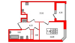 Квартира в ЖК Астра Континенталь, 1 комнатная, 40.45 м², 6 этаж