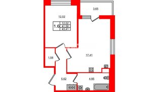 Квартира в ЖК Астра Континенталь, 1 комнатная, 41.58 м², 2 этаж