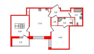 Квартира в ЖК Астра Континенталь, 2 комнатная, 53.66 м², 6 этаж