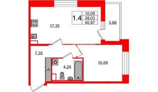 Квартира в ЖК Астра Континенталь, 1 комнатная, 39.03 м², 1 этаж