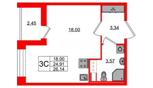 Квартира в ЖК Астра Континенталь, студия, 24.91 м², 9 этаж