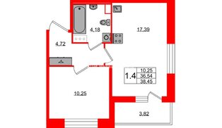 Квартира в ЖК Астра Континенталь, 1 комнатная, 36.54 м², 10 этаж