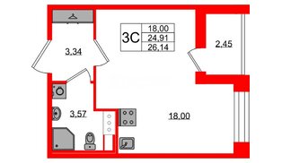 Квартира в ЖК Астра Континенталь, студия, 24.91 м², 8 этаж