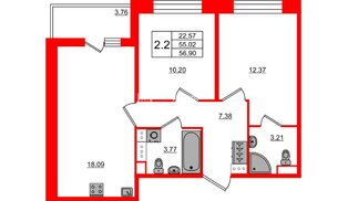 Квартира в ЖК Астра Континенталь, 2 комнатная, 55.02 м², 10 этаж